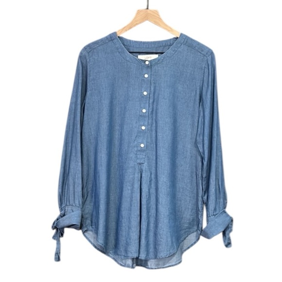 Loft Ann Taylor Tunic Chambray Bow Long Sleeve Button Round Neck Hi Lo Hem Small - Picture 2 of 12